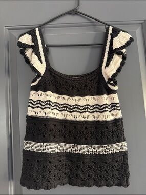 LOFT Black and Cream Crochet Ruffle-Sleeve Tank Top